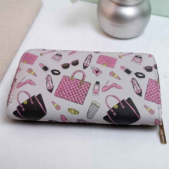Barbiecore Zip Wallet | Pink Makeup Print | Gold Hardware | Chic NWOT Clutch 👛 - Picture 2 of 8